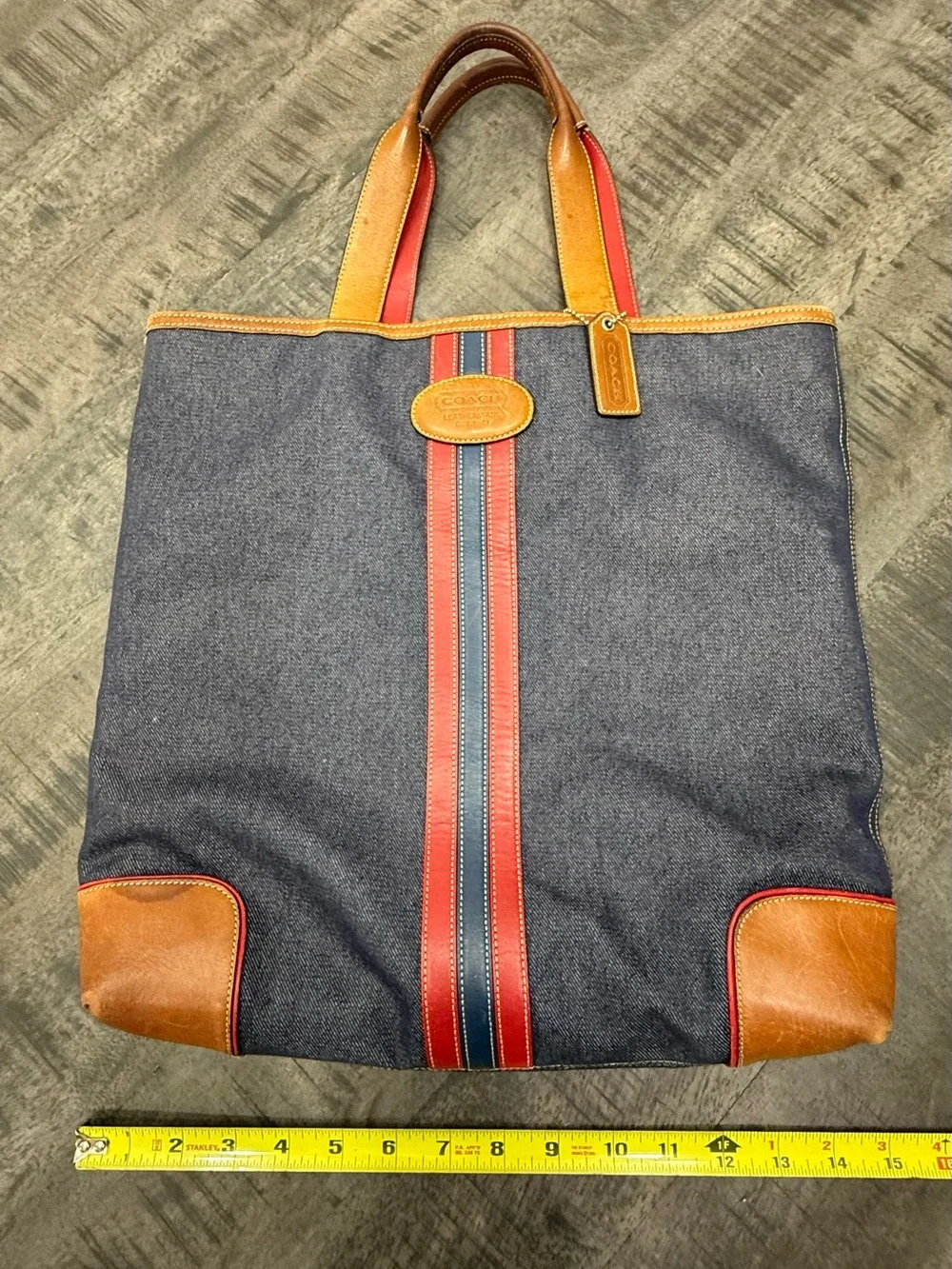 VINTAGE/Coach Navy Canvas Tote with Red and Blue Stripe and Brown Leather Trim
